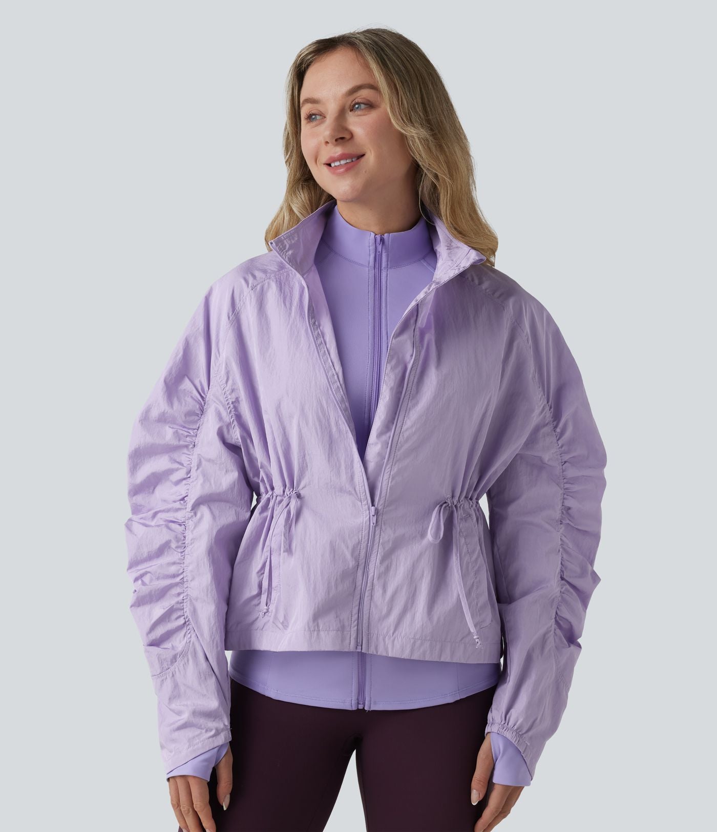 Veste de randonnée 3-en-1 déperlante col montant avec manches froncées, cordon de serrage, trous pour les pouces et poches