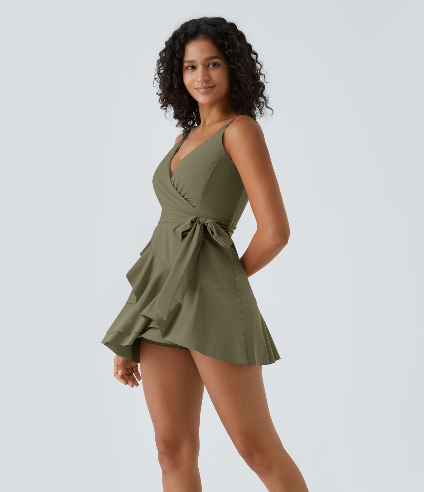 Robe décontractée mini 2-pièces col V liens latéraux volant fluide avec poche A-D