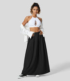 Jupe Casual Maxi Évasée à Taille Haute avec Plis et Poches Latérales Effet Lin