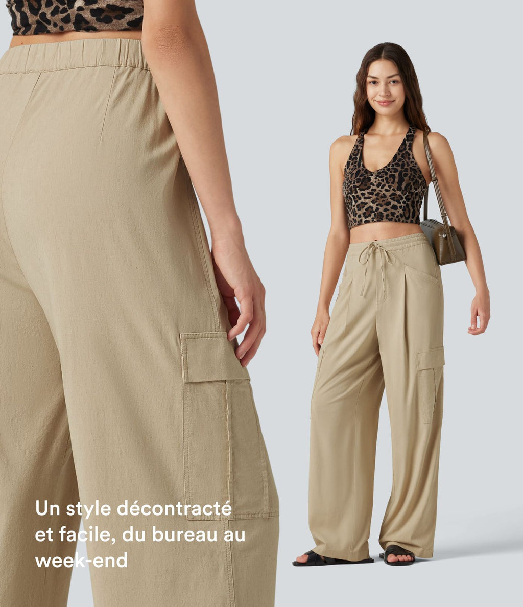 Pantalon cargo décontracté en lin extensible coupe droite taille mi-haute avec cordon de serrage et poches