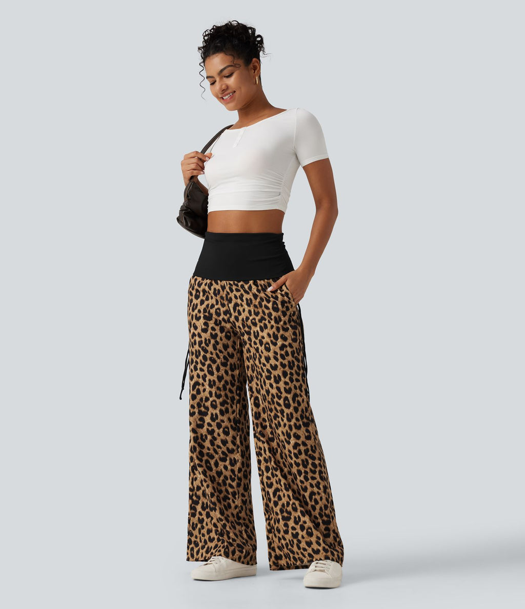 Pantalon baggy casual à imprimé léopard taille haute à revers avec fronces, cordon et poches