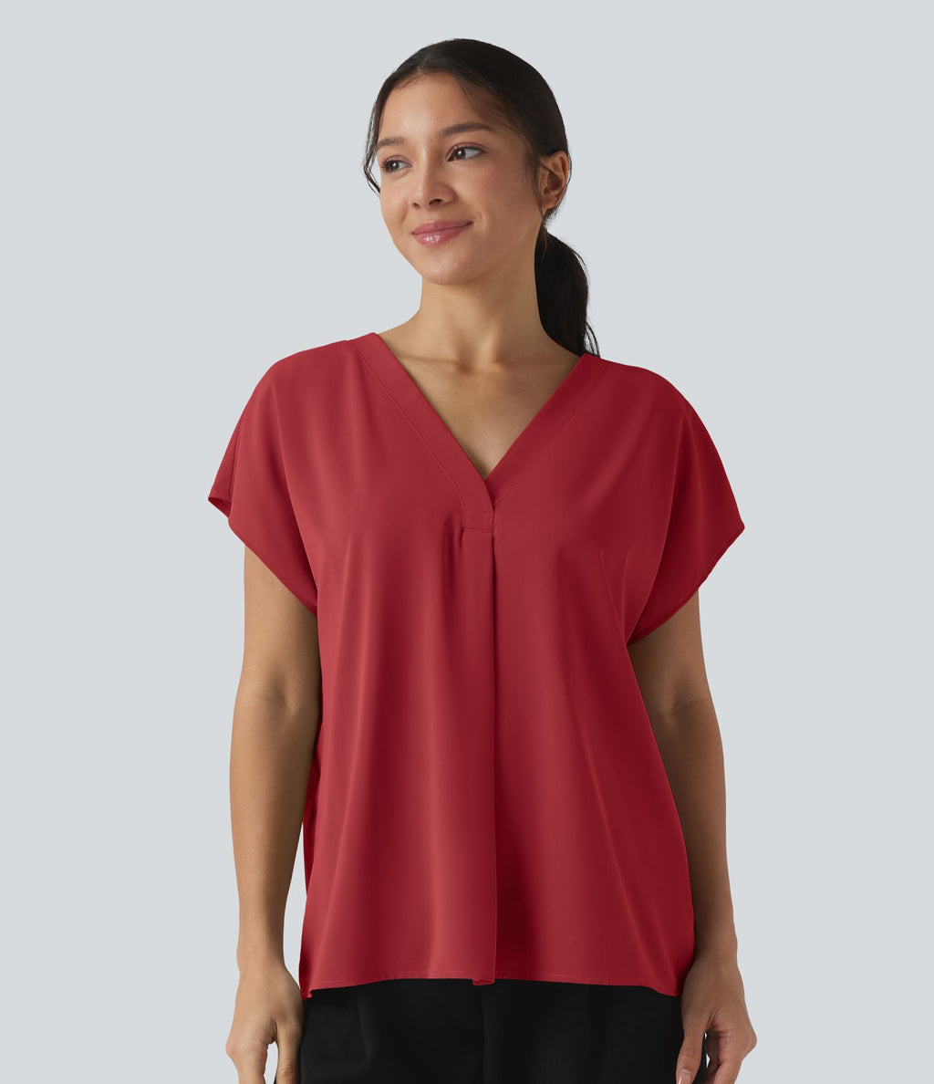Blouse esprit bureau oversize défroissage facile, col V et manches courtes