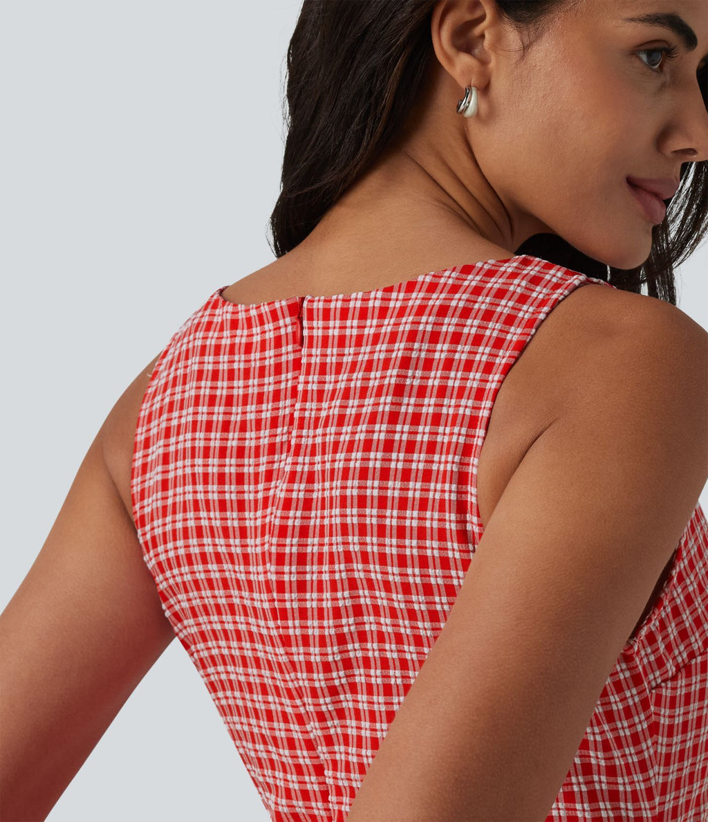 Robe mini casual sans manches col bateau à carreaux vichy, avec poches
