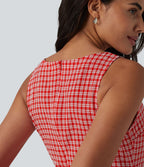 Robe mini casual sans manches col bateau à carreaux vichy, avec poches