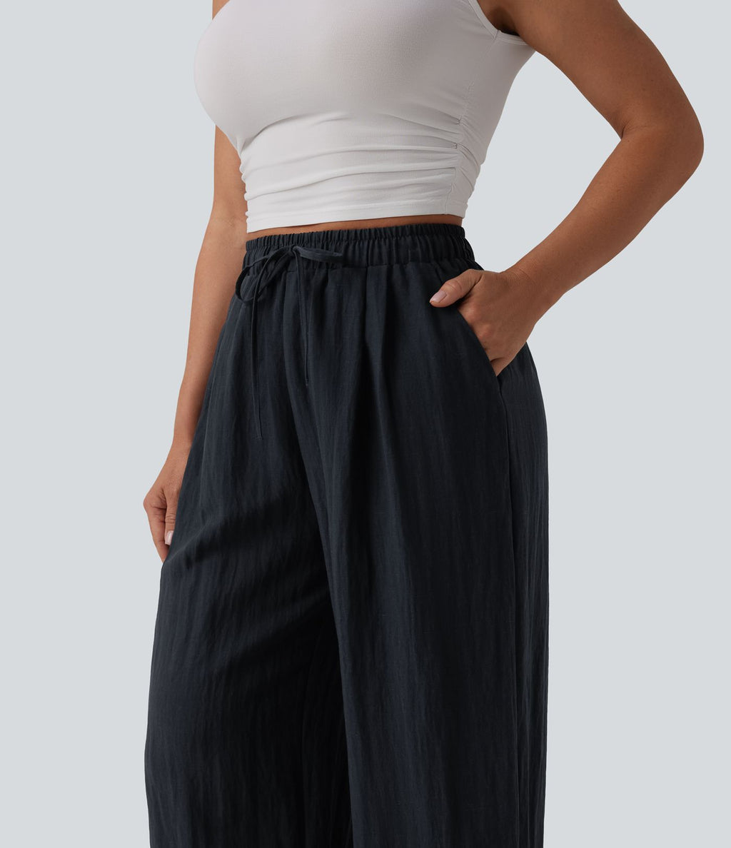Pantalon casual ample lin taille haute à cordon de serrage avec poches