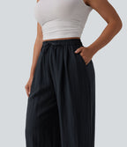 Pantalon casual ample lin taille haute à cordon de serrage avec poches