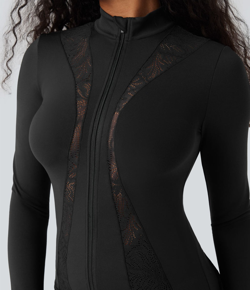 Veste ajustée yoga SoftlyZero™ dentelle contrastante avec trous pouces-UPF50+