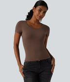 Halara T-shirt en jersey de coton col rond échancré manches courtes avec soutien-gorge intégré bonnets B-DD