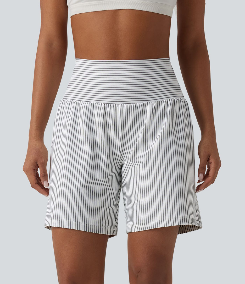 Short yoga 2-en-1 à rayures taille super haute 17,5 cm avec poches