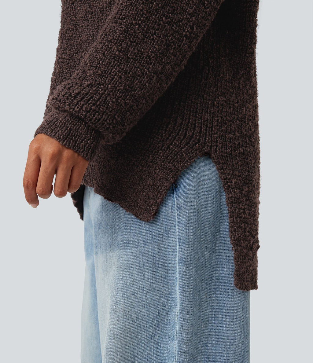 Pull décontracté à décolleté en V, manches longues et ourlet asymétrique