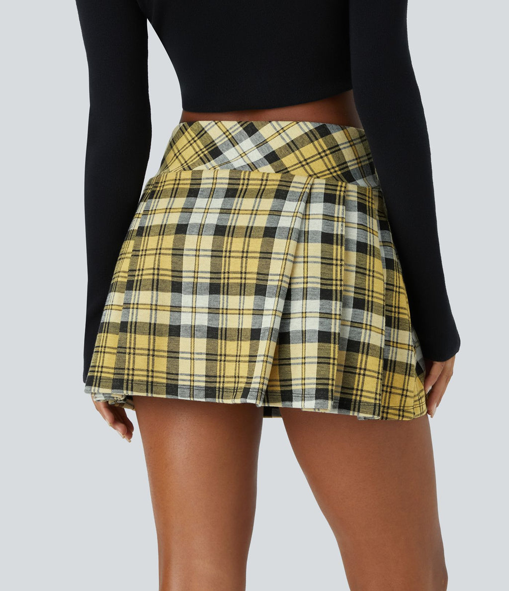 High Waisted de Decorative Buckle 2-in-1 Plaid Pleated Mini Casual Skirt