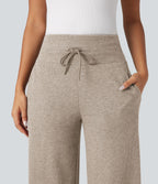 Pantalon jogging large décontracté côtelé gainant taille haute avec cordon de serrage et poches