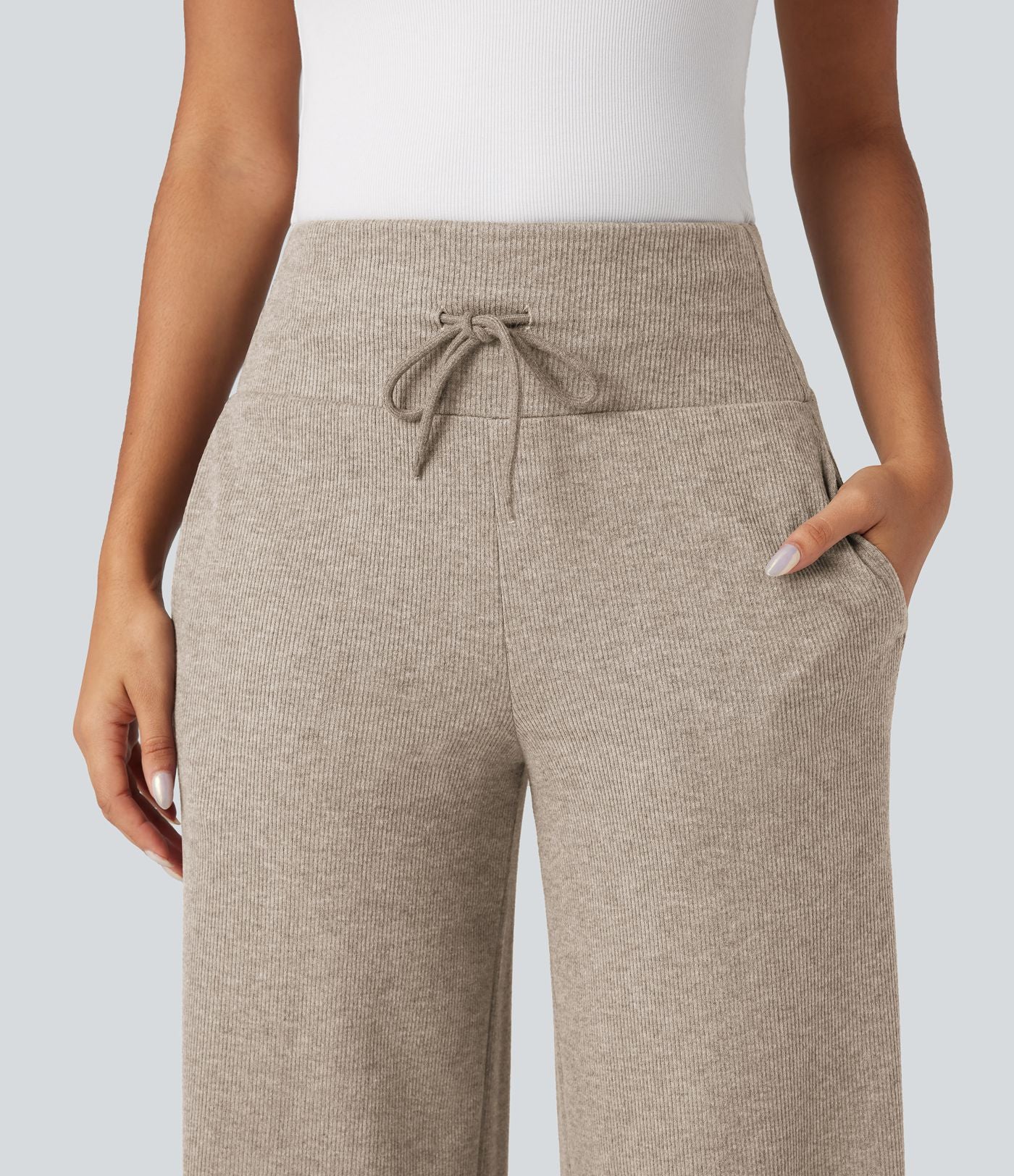 Pantalon jogging large décontracté côtelé gainant taille haute avec cordon de serrage et poches