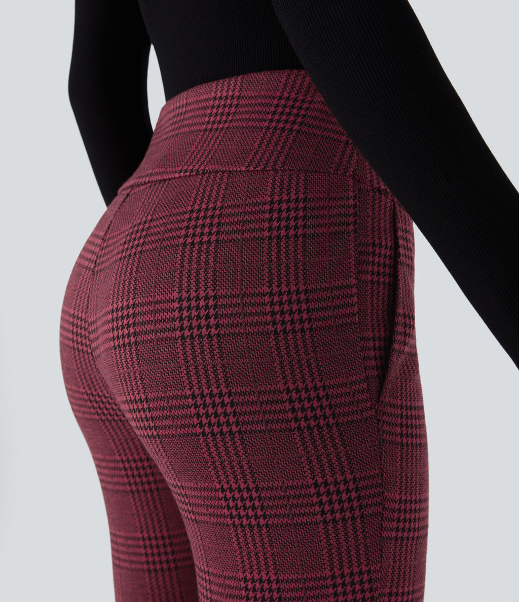 Halara Flex™ Pantalon tailleur Cintrés à Taille Haute avec Boutons Décoratifs Poches Latérales et Imprimé Pied-de-Poule