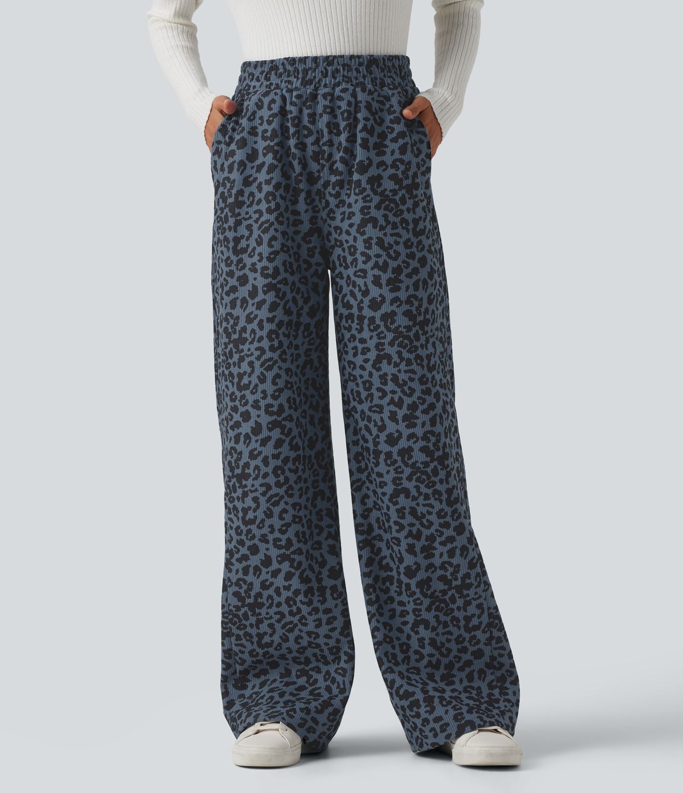 Pantalon léopard velours côtelé imprimé coupe droite mop taille haute avec poches