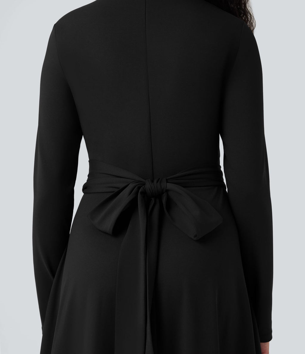 Robe de travail midi manches longues à découpes et dos noué avec poches
