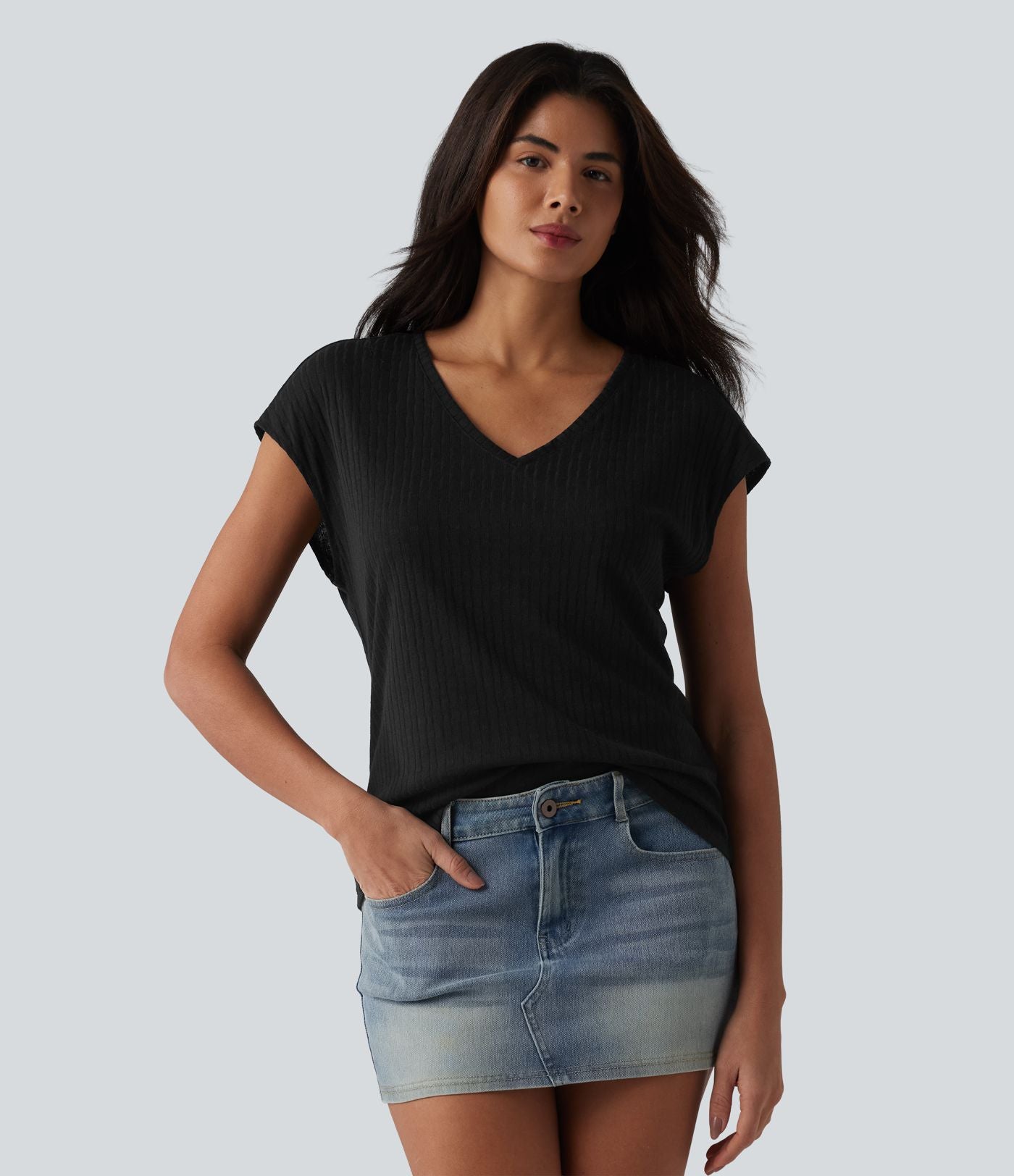 T-shirt casual jacquard col V à manches courtes