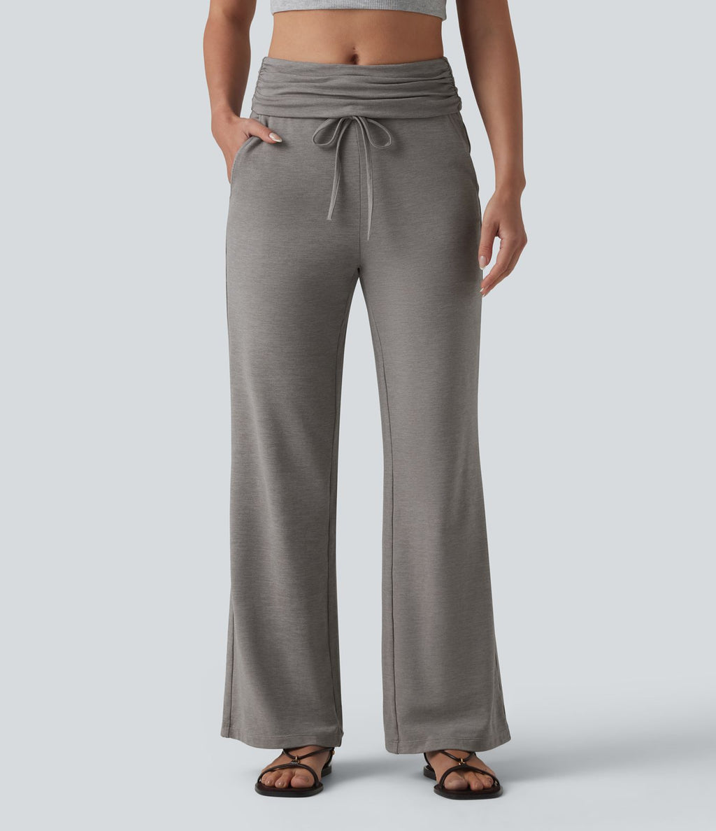 Pantalon casual évasé chiné taille mi-haute à ceinture rabattable, fronces et cordon de serrage avec poches