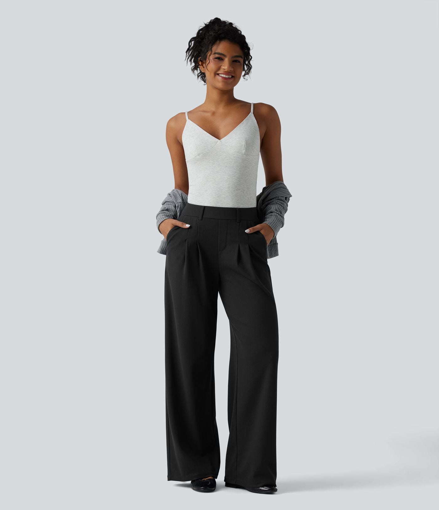 Pantalon décontracté large taille mi-haute gaufré avec poches