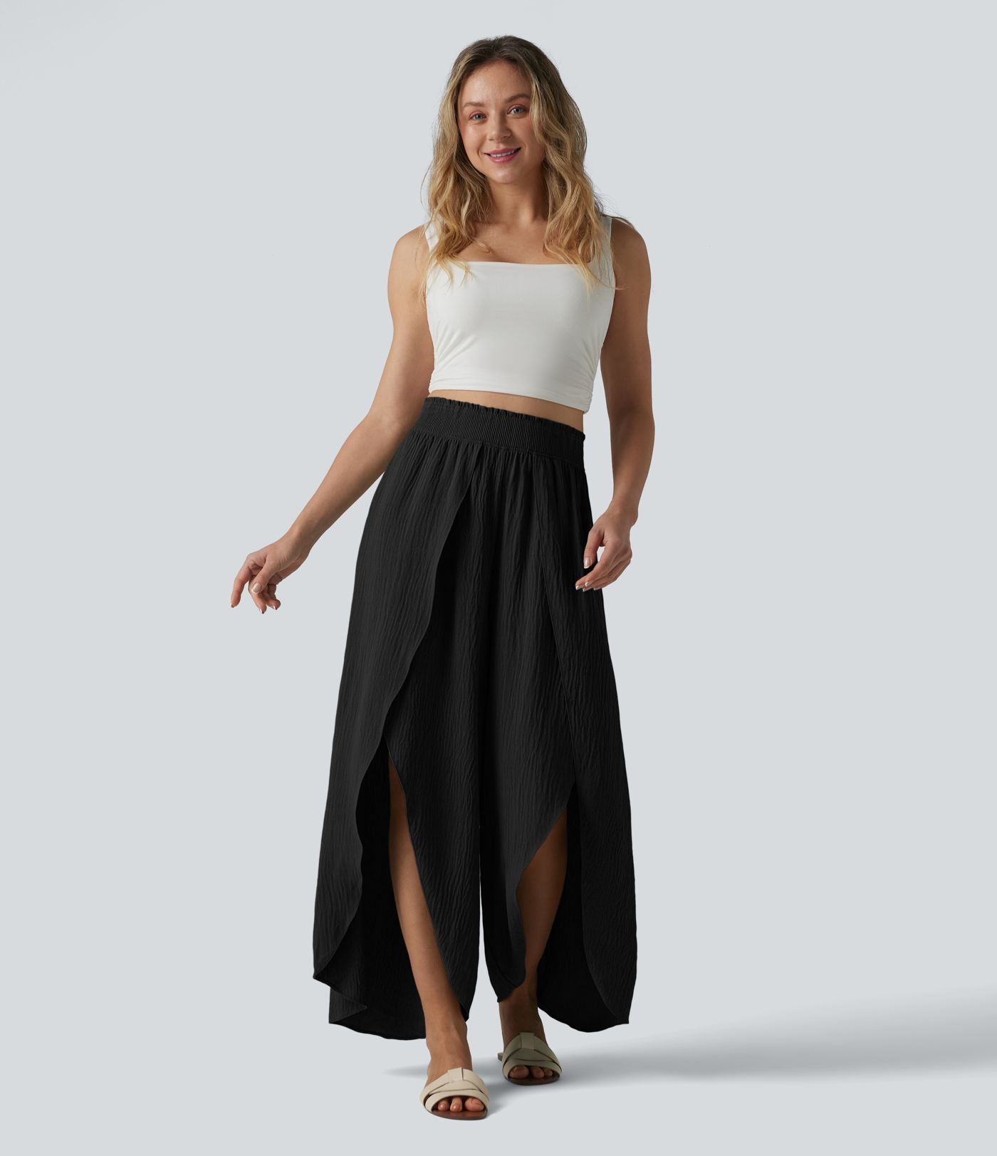 Pantalon large fluide décontracté taille haute aspect lin
