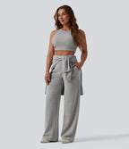 Jogging casual large coton taille haute avec poches