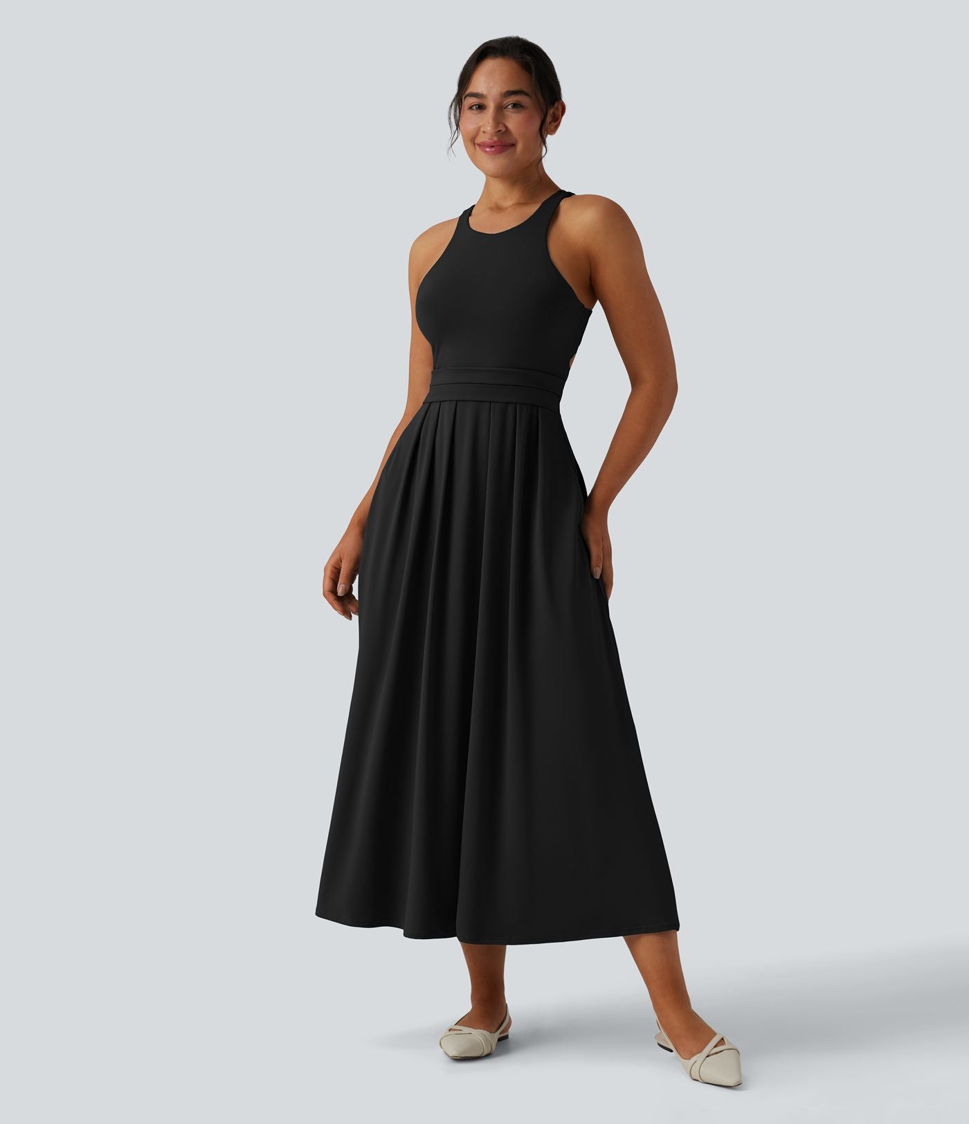 Robe midi décontractée col rond dos nageur avec poches
