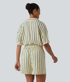 Combinaison-chemise décontractée rayée à manches courtes avec poches