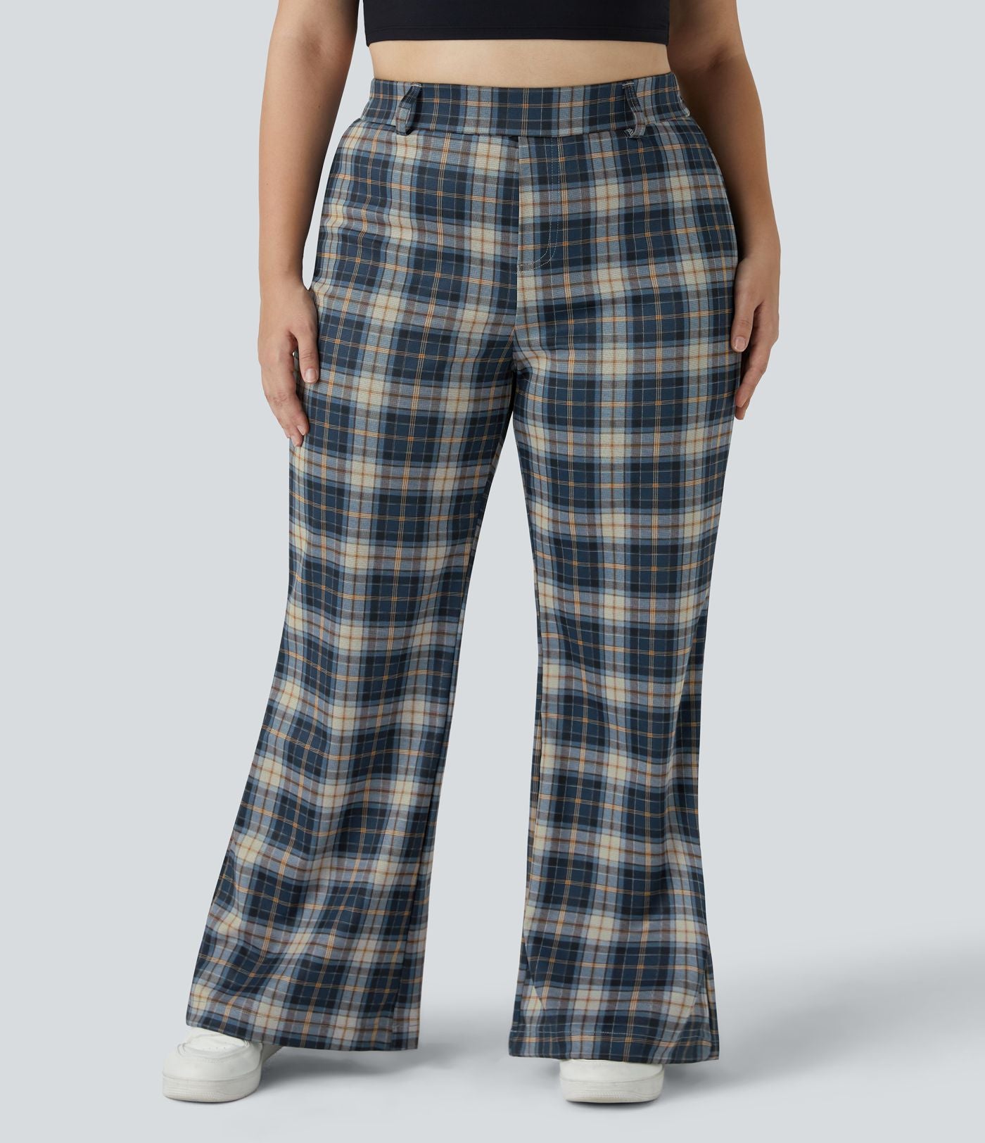Pantalon Large Casual Taille Haute Carreaux Grande Taille