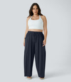 Pantalon Large Casual Taille Mi-Haute Taille Élastique Cordon Poches Latérales Ourlet Flottant Grande Taille