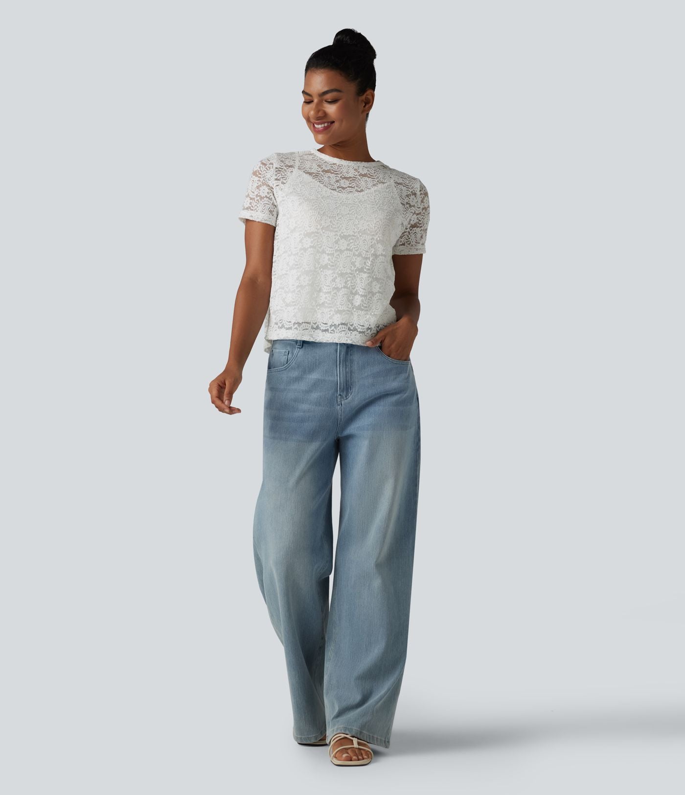 T-shirt casual 2-en-1 en dentelle col rond à manches courtes
