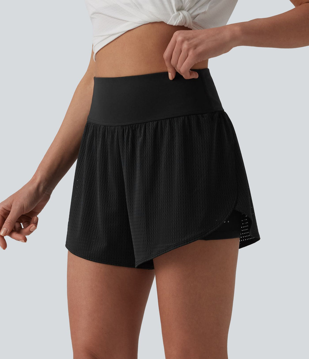 Short yoga 2-en-1 gainant taille haute à pois réfléchissants, ourlet arrondi croisé et œillets avec poches