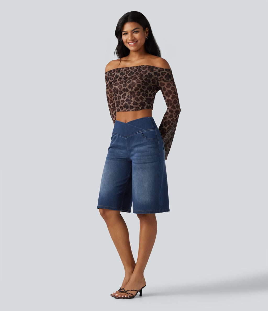 Short en jean ample Halara Flex™ taille haute croisé gainant décontracté avec poches