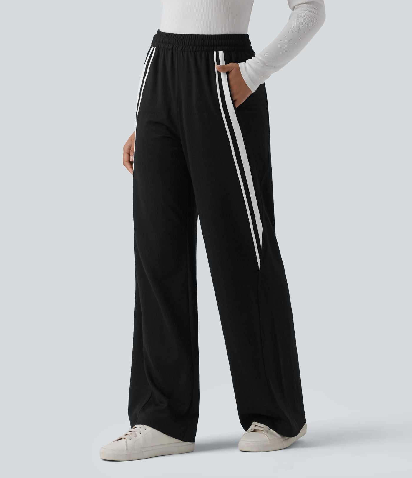 Jogging large décontracté color block taille mi-haute avec cordon de serrage intérieur et poches