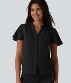 Blouse casual col V à manches volantées et ourlet arrondi