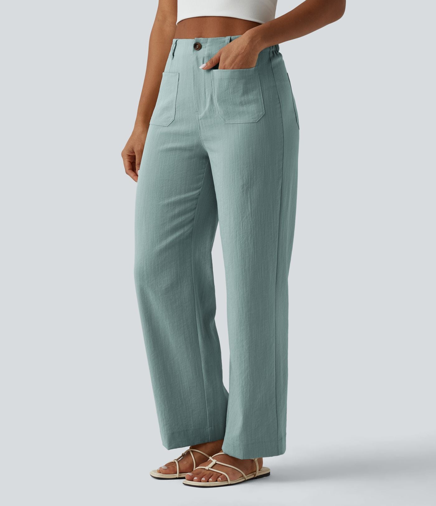 Pantalon taille haute coupe droite effet lin avec poches