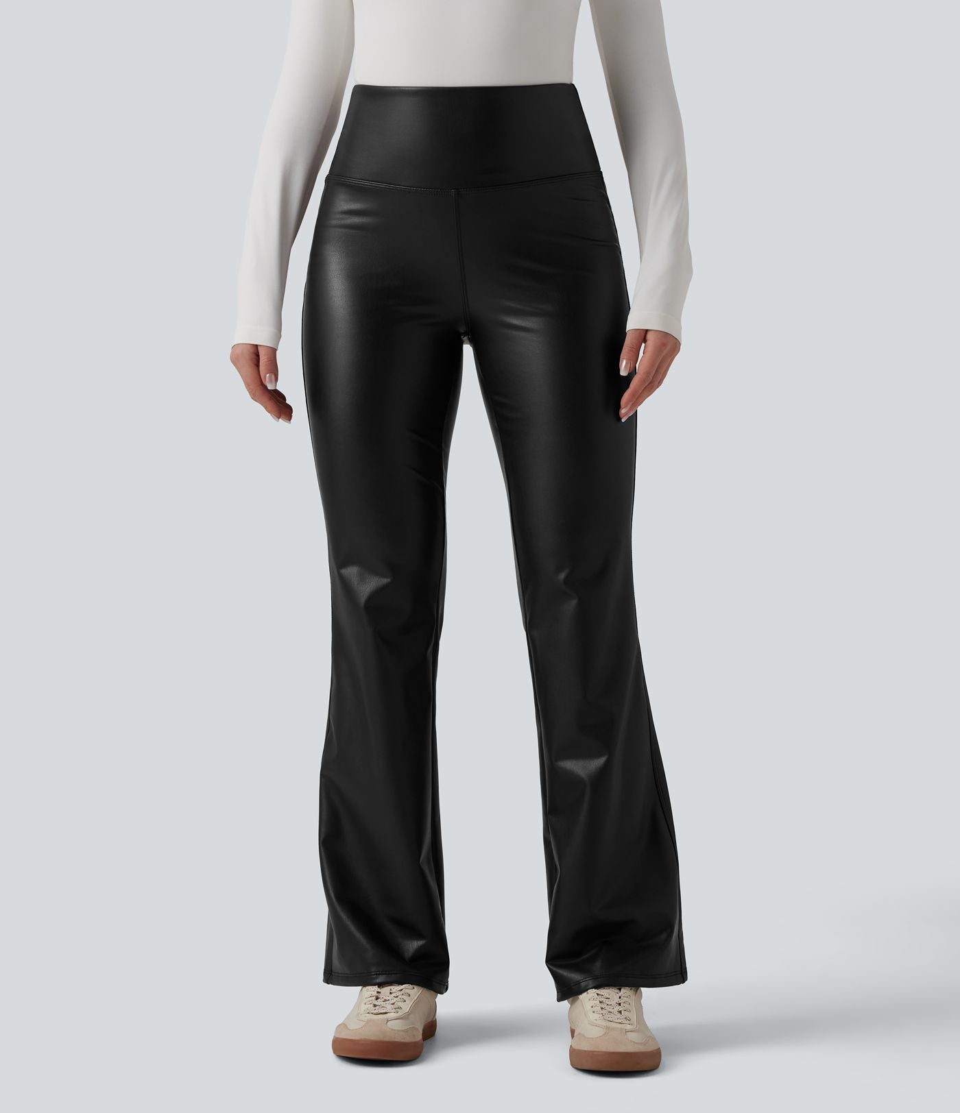 Pantalon évasé décontracté gainant taille haute extensible en molleton PU avec poches