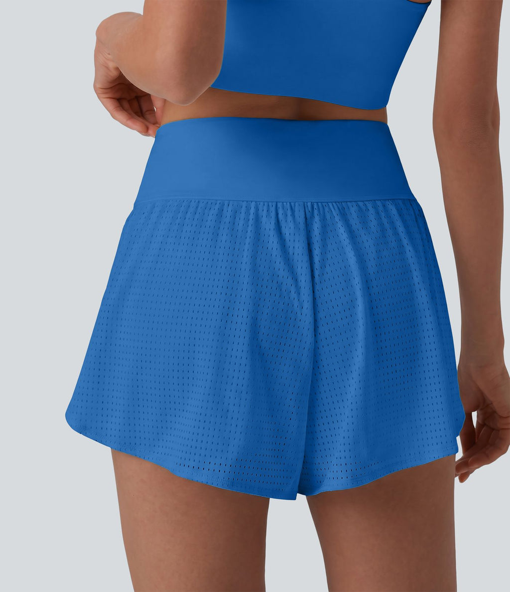Short yoga 2-en-1 gainant taille haute à pois réfléchissants, ourlet arrondi croisé et œillets avec poches