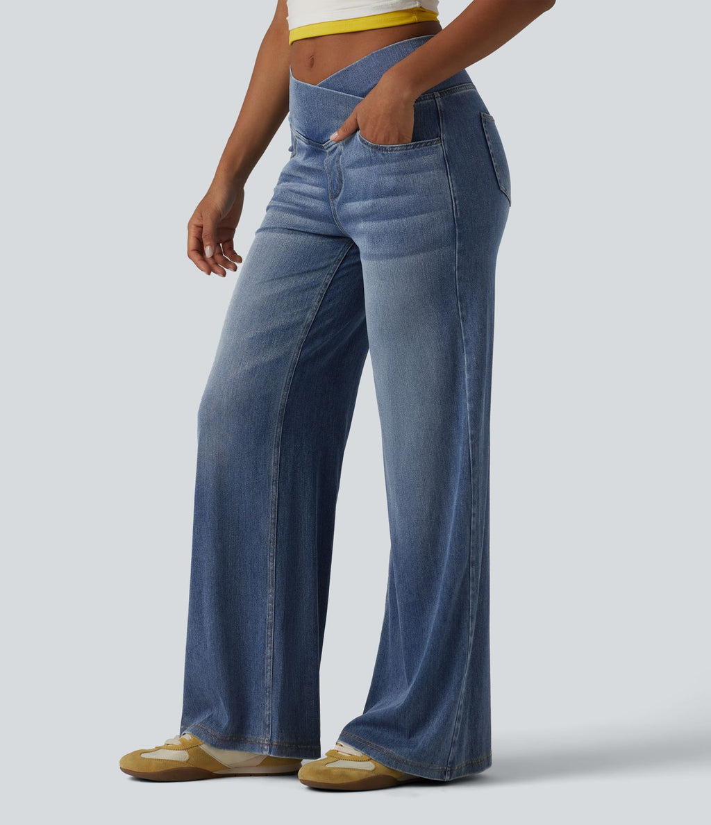 Halara Flex™ Jean large casual taille haute croisée en lyocell drapé lavé avec poches