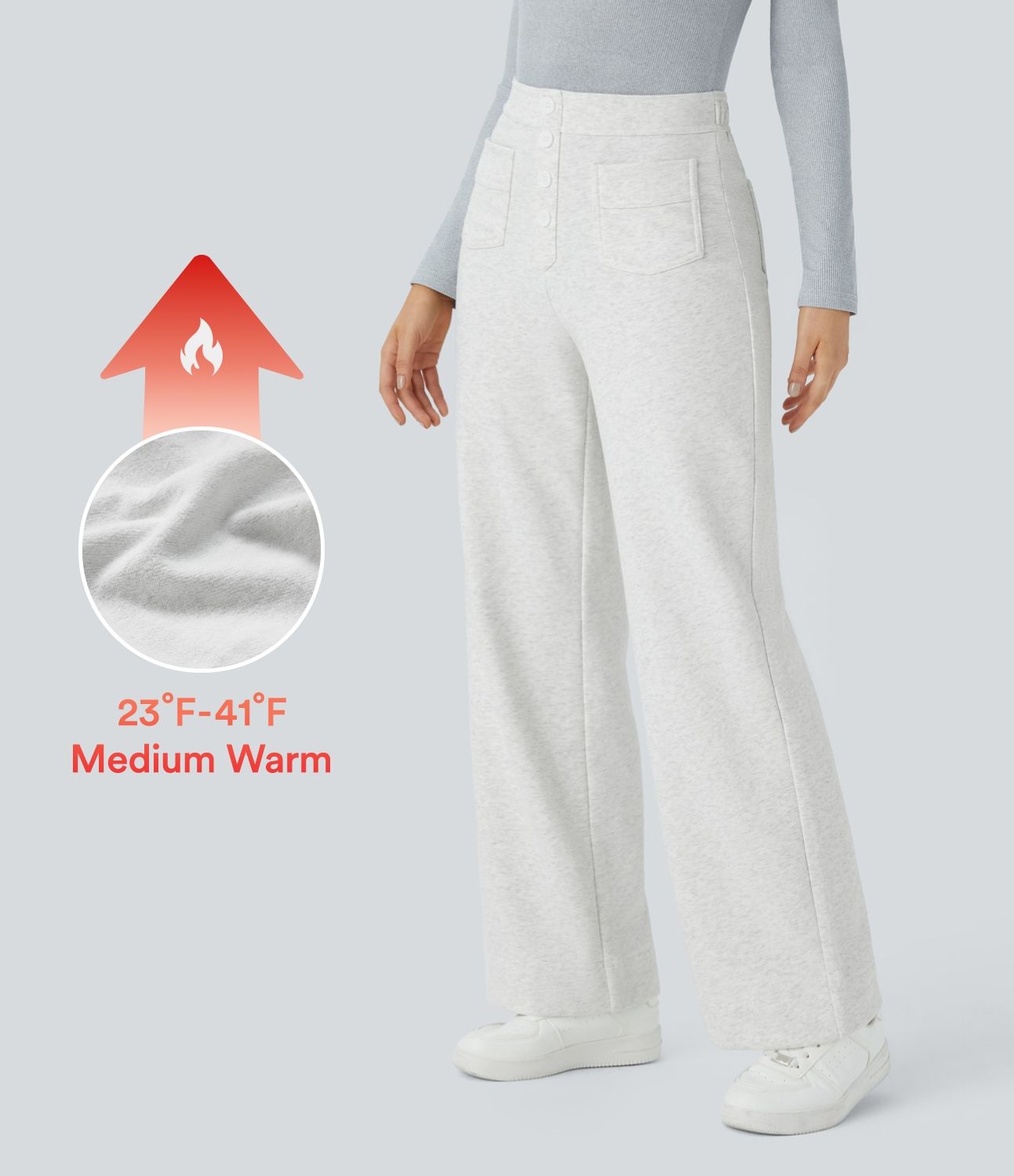 Pantalon Jogging en Fleece Thermique Jambe Droite Boutons Taille Haute Plusieurs Poches