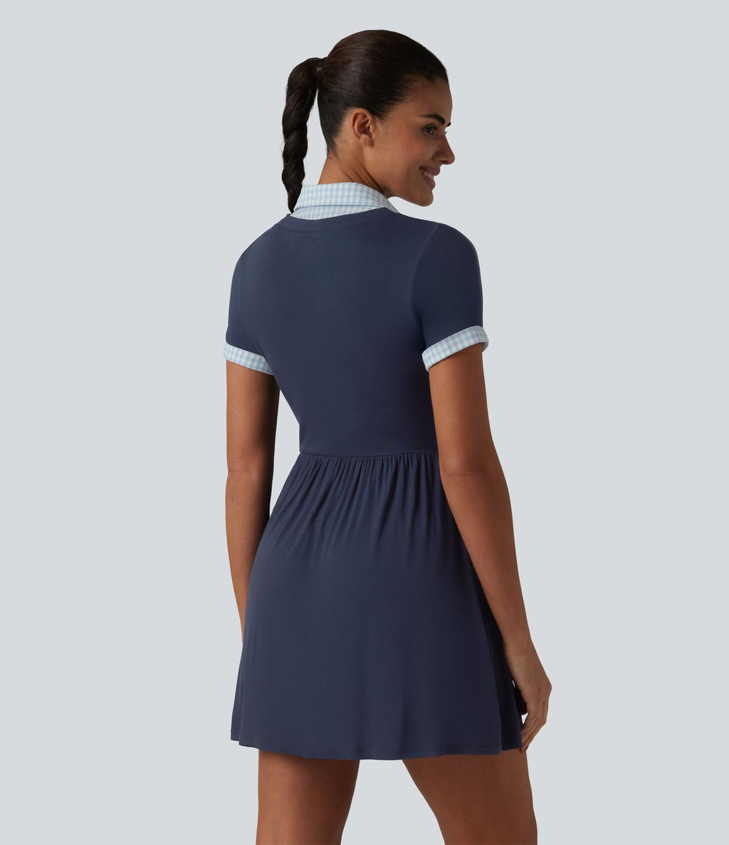 Robe décontractée mini évasée col côtelé manches courtes carreaux contrastés