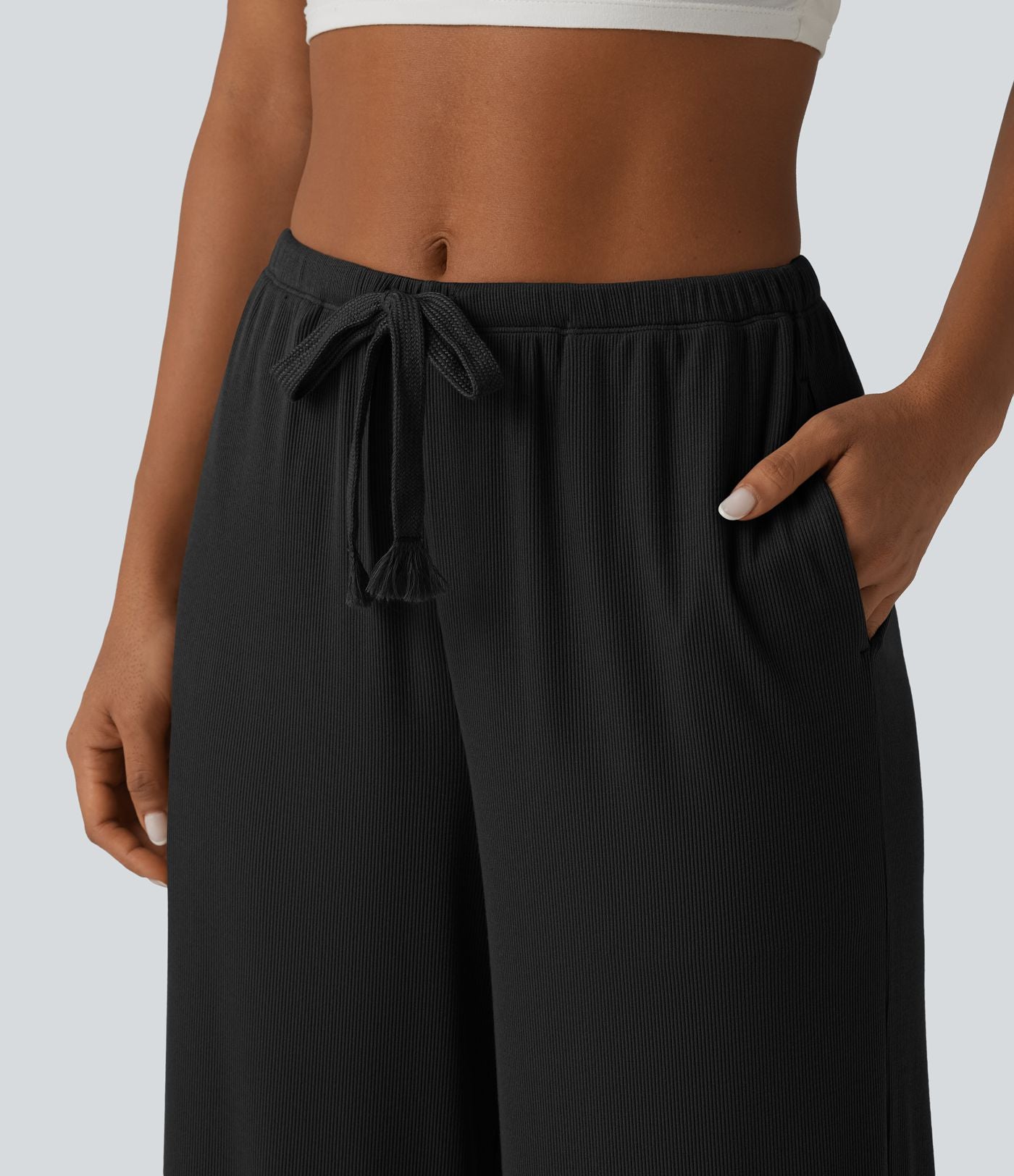 Pantalon large casual en maille côtelée extensible taille mi-haute avec cordon de serrage et poches