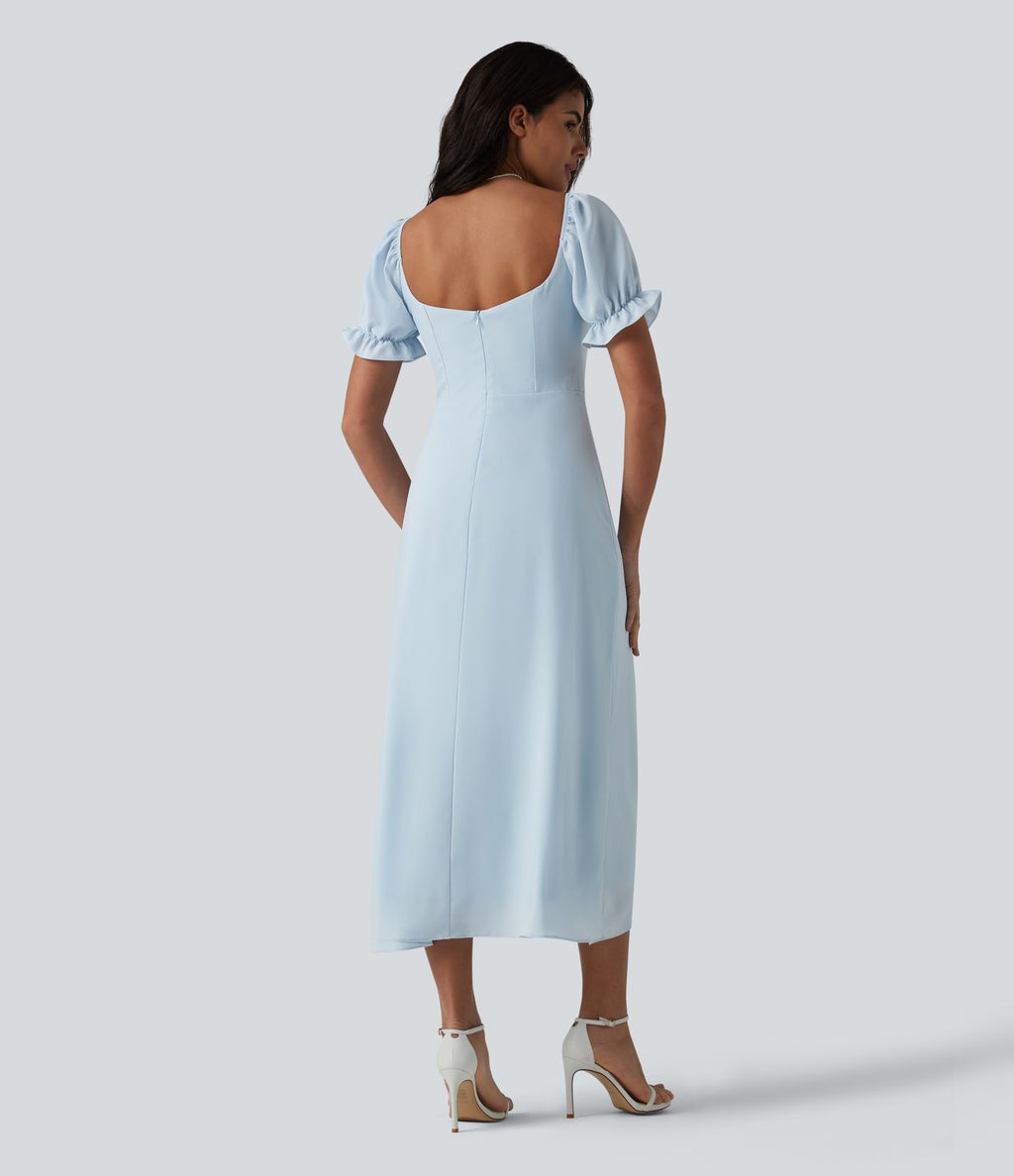Robe de demoiselle d'honneur et d'invitée de mariage en mousseline fendue col Reine Anne manches bouffantes longueur midi