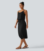 Robe nuisette midi casual à ourlet courbé fendu et cordon de serrage