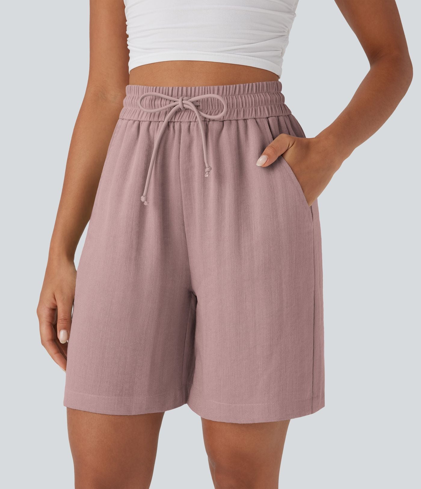 Short décontracté effet lin taille haute avec cordon de serrage et poches latérales