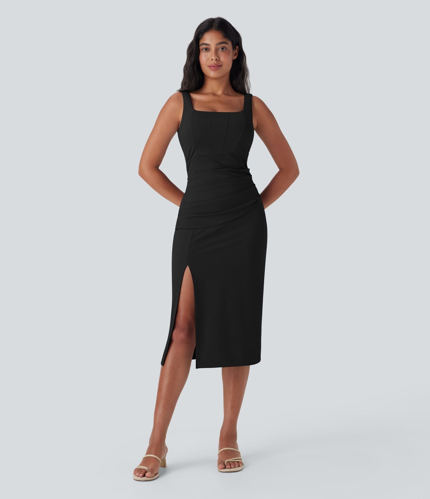 Robe moulante mi-longue SoftlyZero™ Airy col carré corset froncée effet frais InstantCool, bonnets E-G