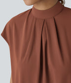 Blouse de Travail à Col Montant Plissée avec Boutons dans le Dos et Manches Courtes