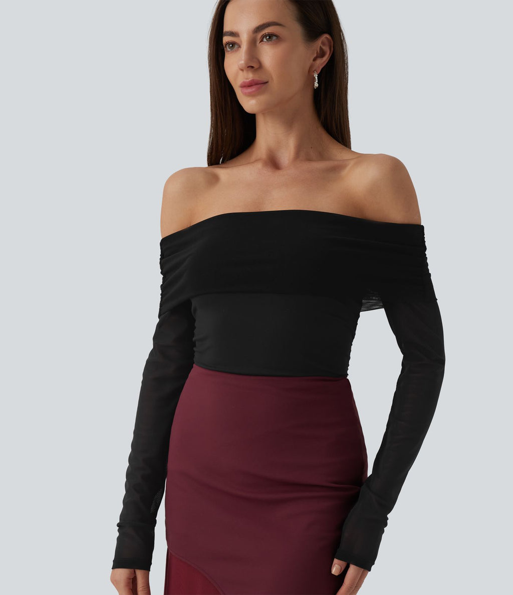 Haut SoftlyZero™ Plush épaules dénudées mesh manches longues