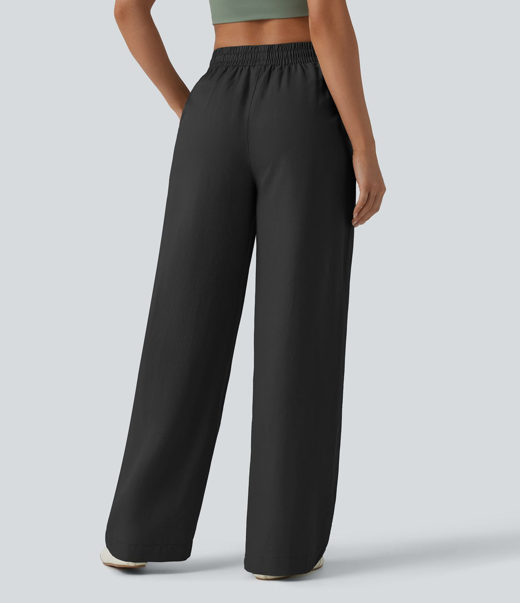 Pantalon large fluide décontracté taille haute en lyocell et lin mélangé avec cordon de serrage intérieur et poches