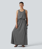 Robe longue casual drapée sans manches à dos ajouré avec poches