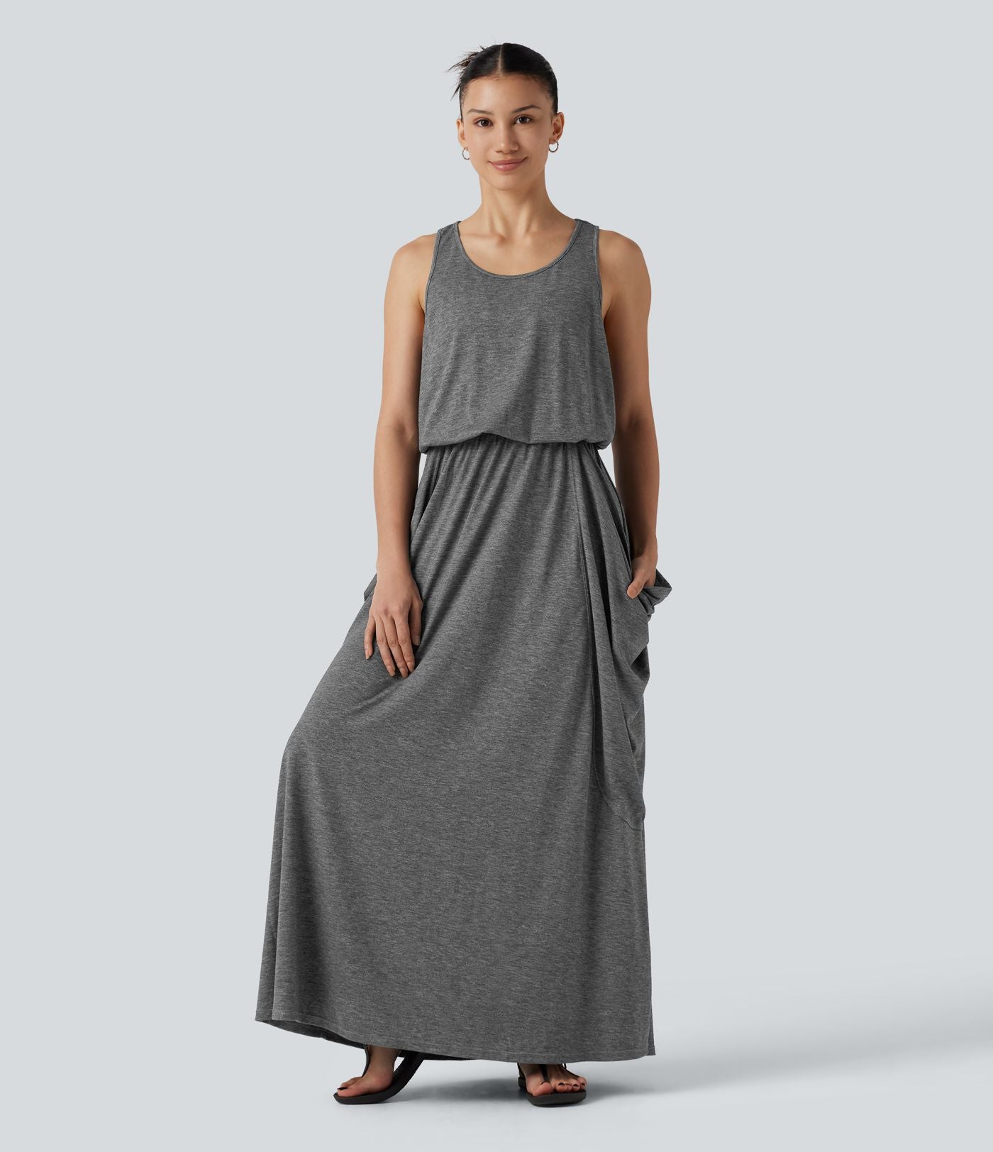 Robe longue casual drapée sans manches à dos ajouré avec poches